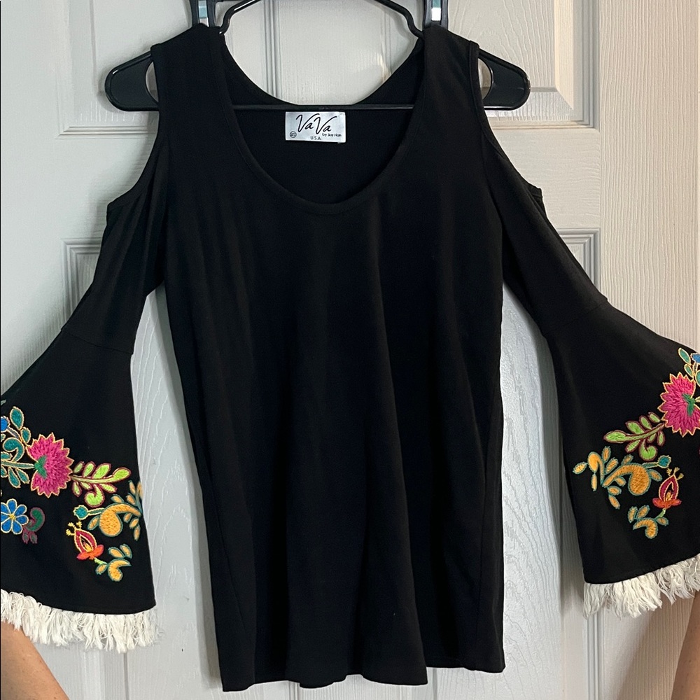 Vava by Joy Han Black Top with Floral Embroidery